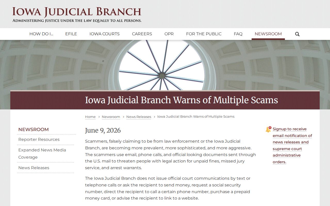 Jackson County municipal warrant verification and Iowa court scam warning